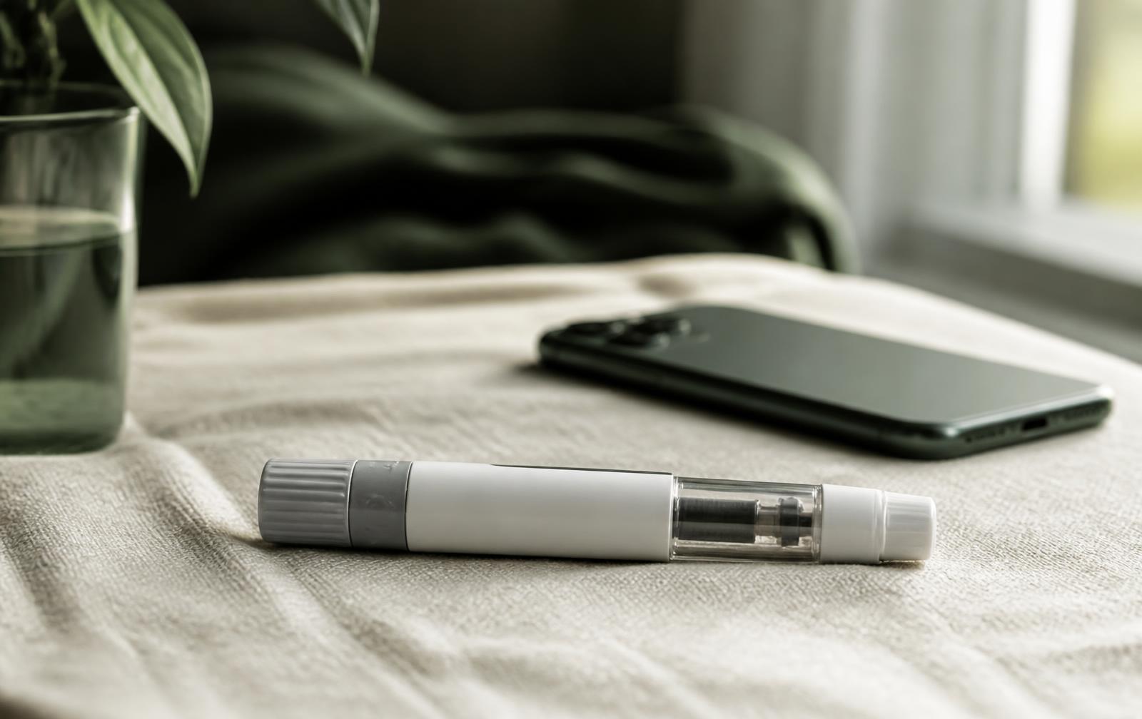 A neutral injection pen resting on cream linen beside a phone in a quiet home.